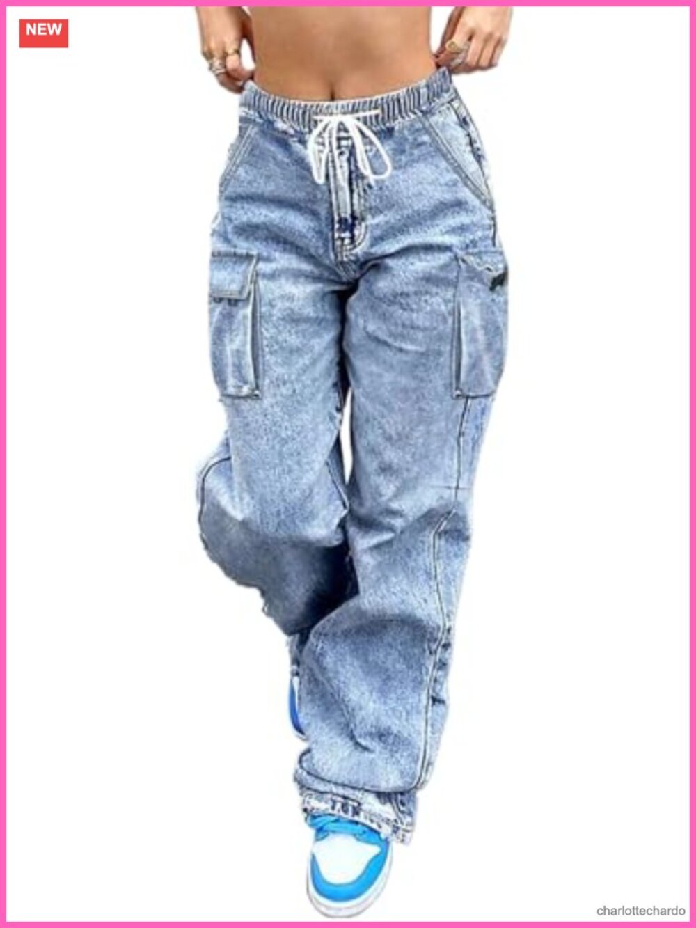 Wide Leg Cargo Jeans Mid Rise Elastic Waist Drawstring Pants